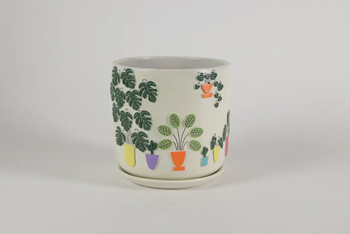 3D Embossed Planter (off-white) - 8 Inches