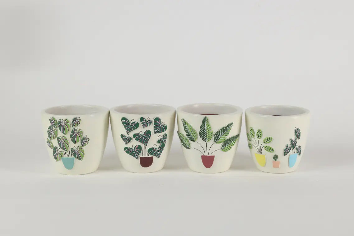 3D Embossed Planter off white 4.5 Inches Set Collection Premium Home Décor Quartet