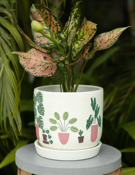 3D Embossed Planter (off-white) - 6 Inches