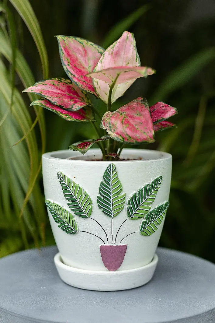 3D Embossed Planter (off-white) - 4.5 Inches