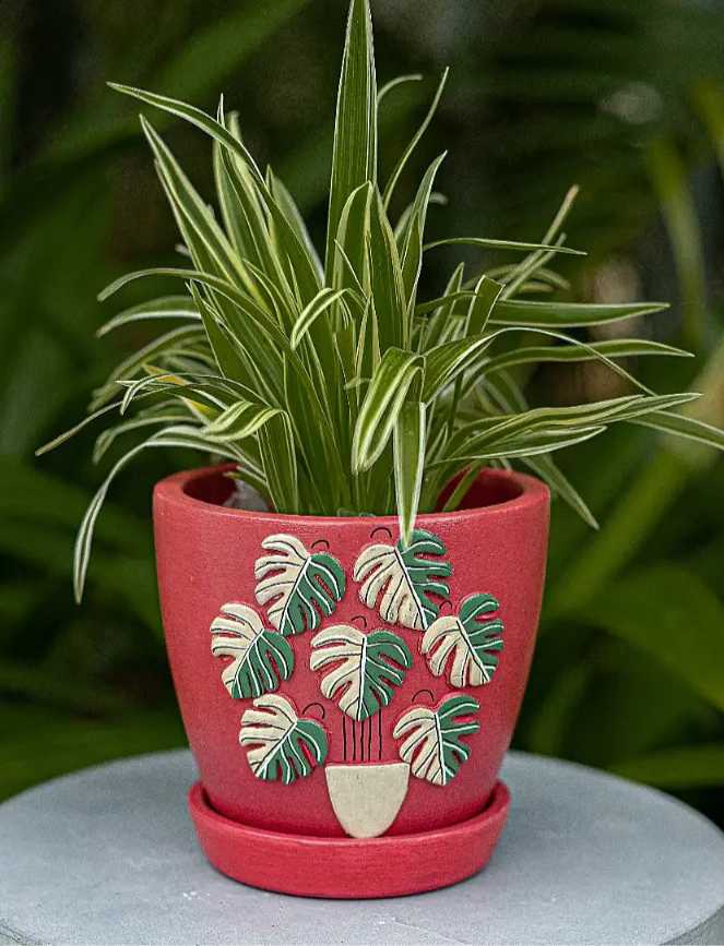 3D Embossed Planter Salsa Red 4.5 Inches 3D Embossed Planters Handmade Terracotta Planters