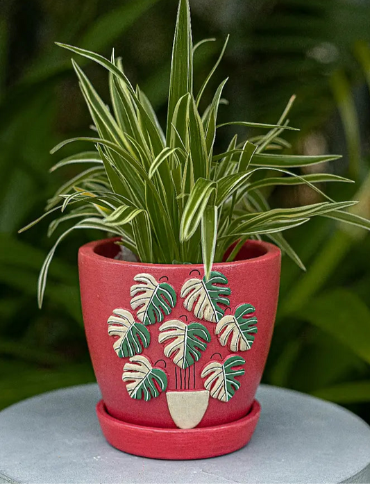 3D Embossed Planter Salsa Red 4.5 Inches 3D Embossed Planters Handmade Terracotta Planters