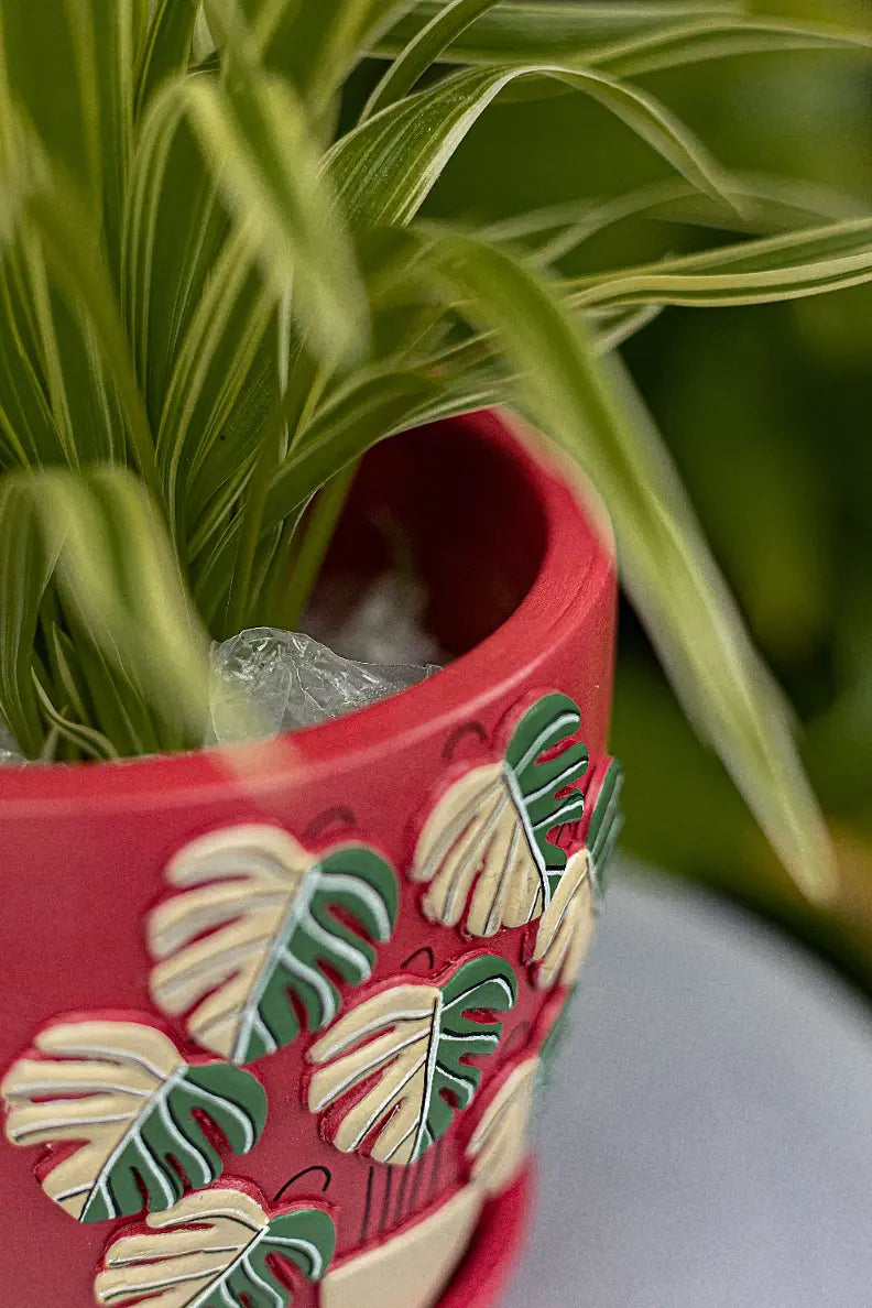 3D Embossed Planter Salsa Red 4.5 Inches Hand Painted Planters Premium Home Décor