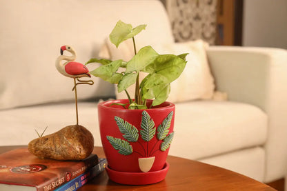 3D Embossed Planter Salsa Red 4.5 Inches Handmade Home Décor Hand-painted Pots