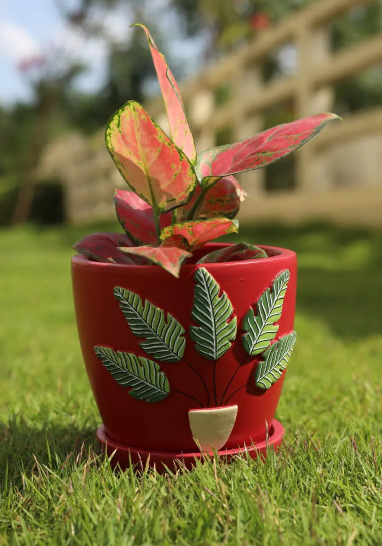 3D Embossed Planter Salsa Red 4.5 Inches Unique Handcrafted Gifts For Plant Lovers