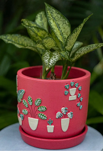 3D Embossed Planter Salsa Red 6 Inches Hand Painted Planters Premium Home Décor