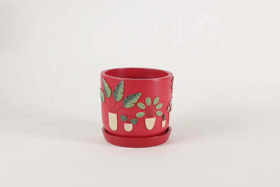 3D Embossed Planter Salsa Red 6 Inches Handcrafted Gifts Craft Delights India