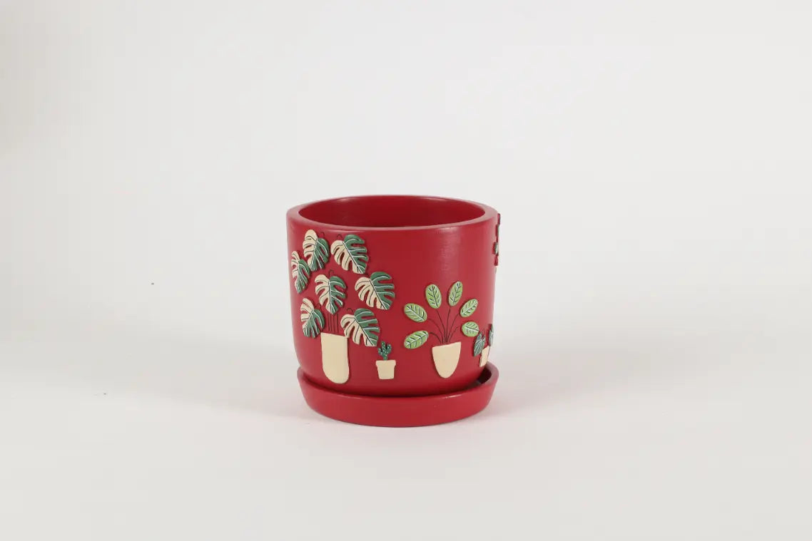 3D Embossed Planter Salsa Red 6 Inches Handmade Home Décor Hand-painted Pots