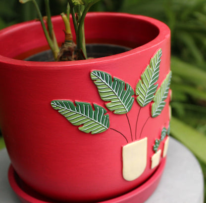 3D Embossed Planter Salsa Red 6 Inches Terracotta Pots Online India Eco Friendly Gifts