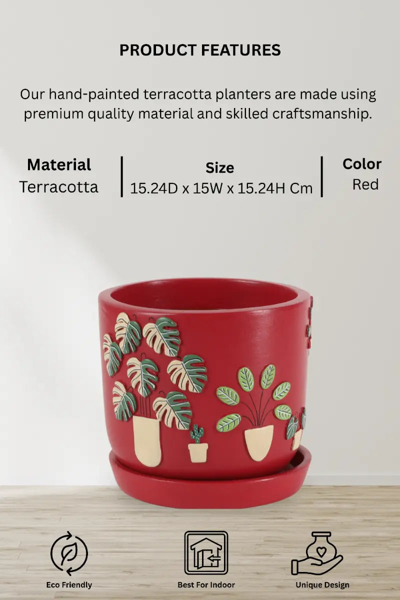 3D Embossed Planter Salsa Red 6 Inches Unique Handcrafted Gifts For Plant Lovers
