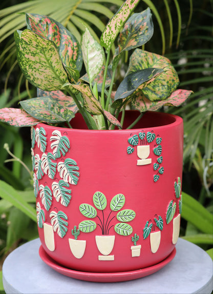 3D Embossed Planter Salsa Red 8 Inches 3D Embossed Planters Handmade Terracotta Planters