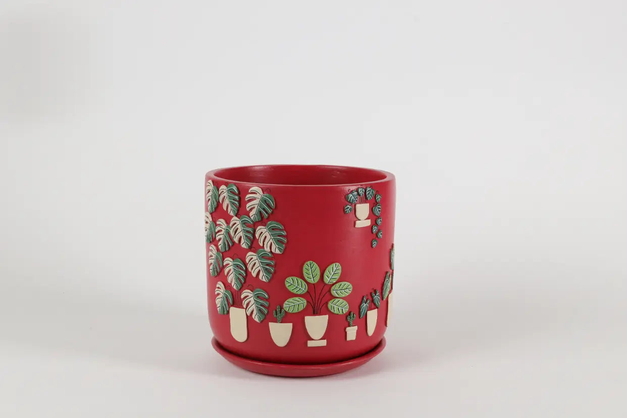 3D Embossed Planter Salsa Red 8 Inches Balcony Décor Indoor Planters Craft Delights