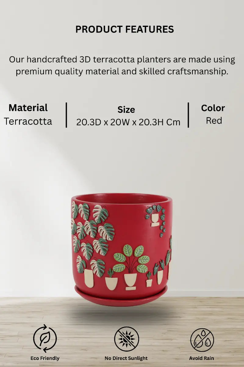 3D Embossed Planter Salsa Red 8 Inches Decorative Garden Planters Handmade Home Décor