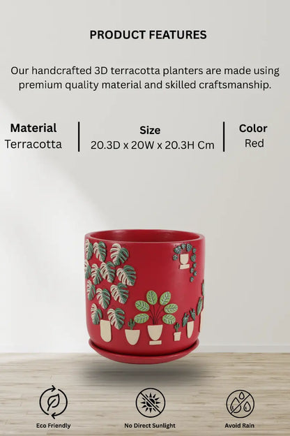 3D Embossed Planter Salsa Red 8 Inches Decorative Garden Planters Handmade Home Décor