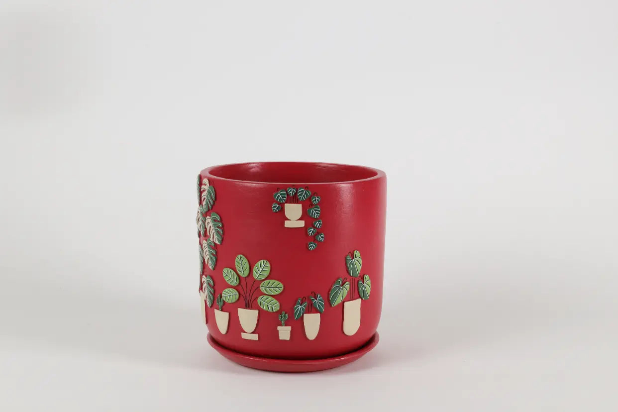 3D Embossed Planter Salsa Red 8 Inches Handcrafted Gifts Unique Gifting Ideas