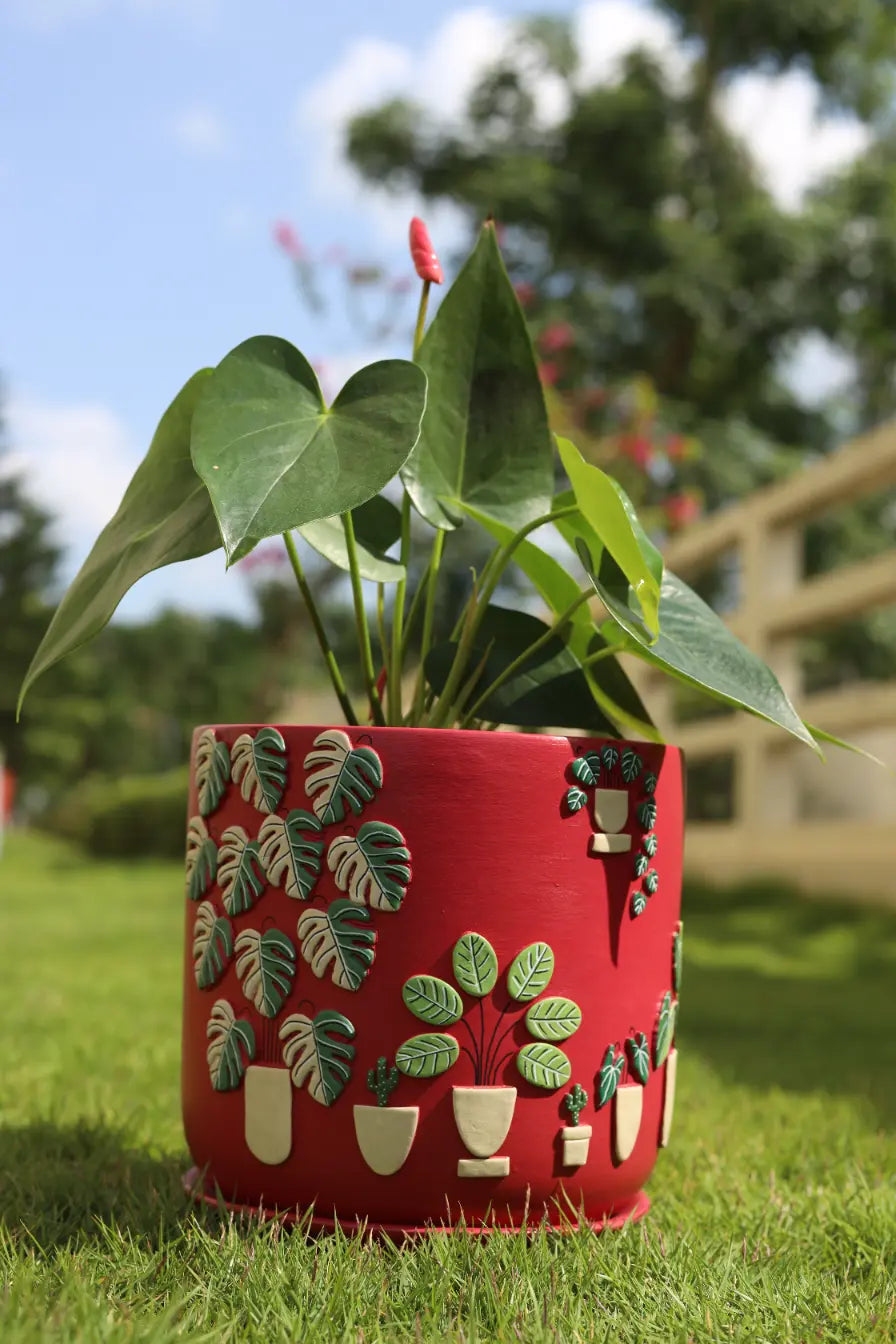 3D Embossed Planter Salsa Red 8 Inches Terracotta Pots Online India Eco Friendly Gifts