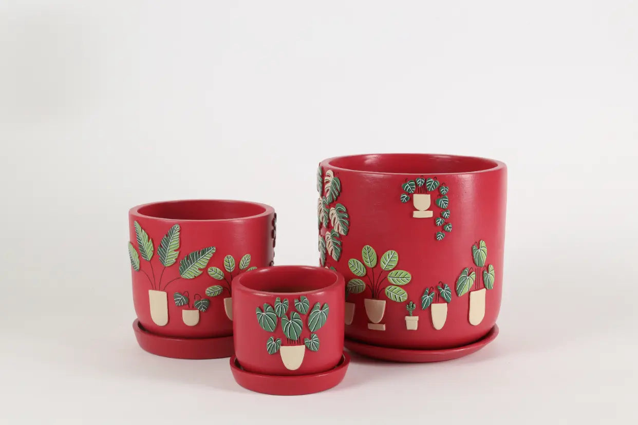3D Embossed Planter Salsa Red Set of 3 Balcony Décor Indoor Planters Gifts for Plant Lovers