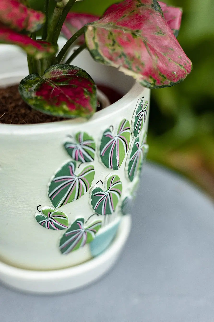 3D Embossed Planter off white 4.5 Inches Decorative Garden Planters Balcony Décor