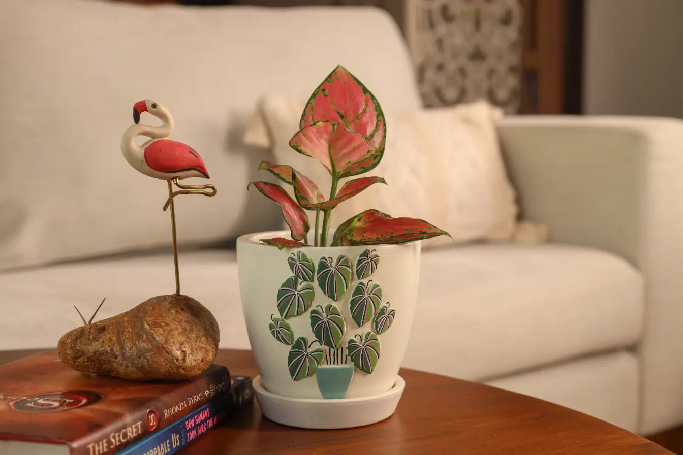 3D Embossed Planter off white 4.5 Inches Eco Friendly Gifts Terracotta Pots Online