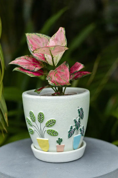 3D Embossed Planter off white 4.5 Inches Handcrafted Gifts Eco Friendly Gifts