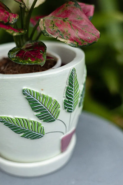 3D Embossed Planter off white 4.5 Inches Unique Handcrafted Gifts For Plant Lovers