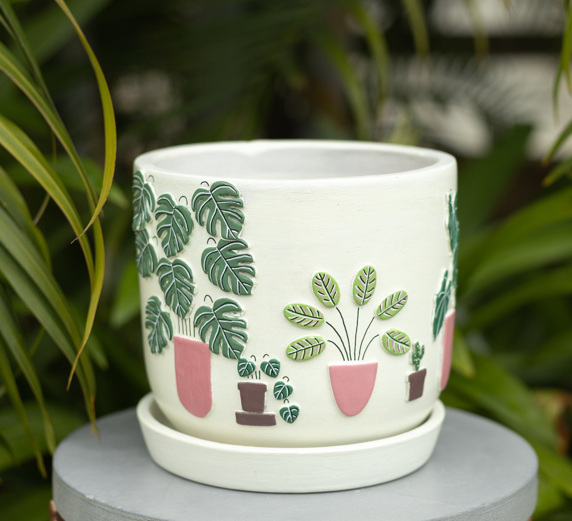 3D Embossed Planter off white 6 Inches Design Two Hand Painted Planters Premium Home Décor
