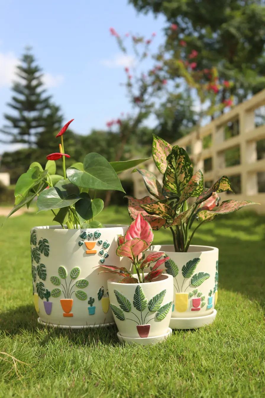 3D Embossed Planter off white Set of 3 Balcony Décor Indoor Planters Gifts for Plant Lovers