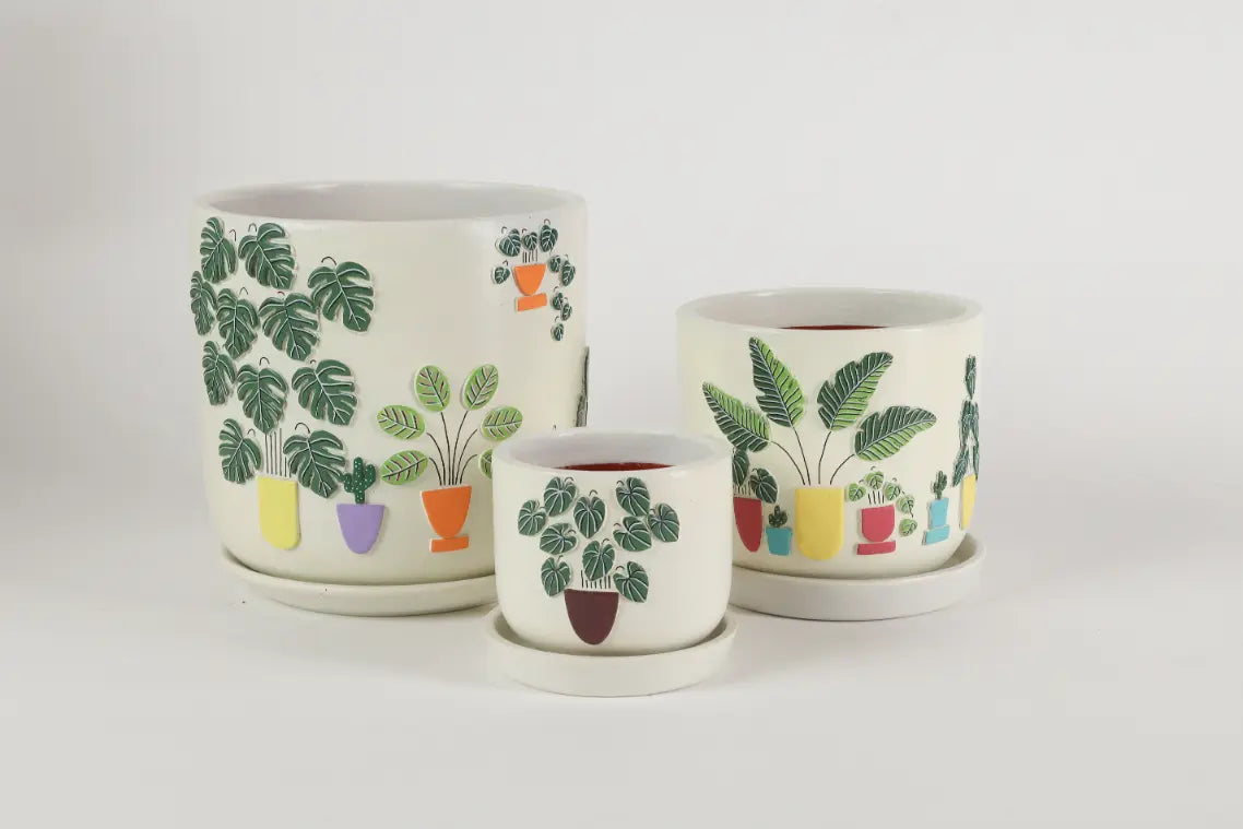 3D Embossed Planter off white Set of 3 Hand Painted Planters Premium Home Décor