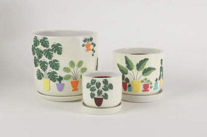 3D Embossed Planter off white Set of 3 Hand Painted Planters Premium Home Décor