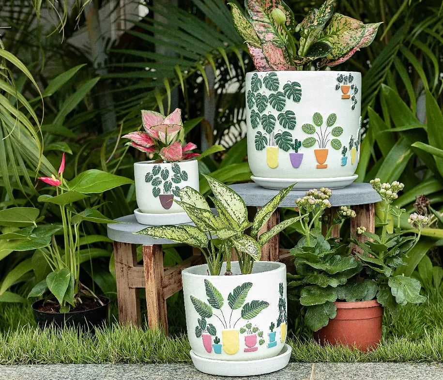 3D Embossed Planter off white Set of 3 Handmade Terracotta Planters Terracotta Pots Online