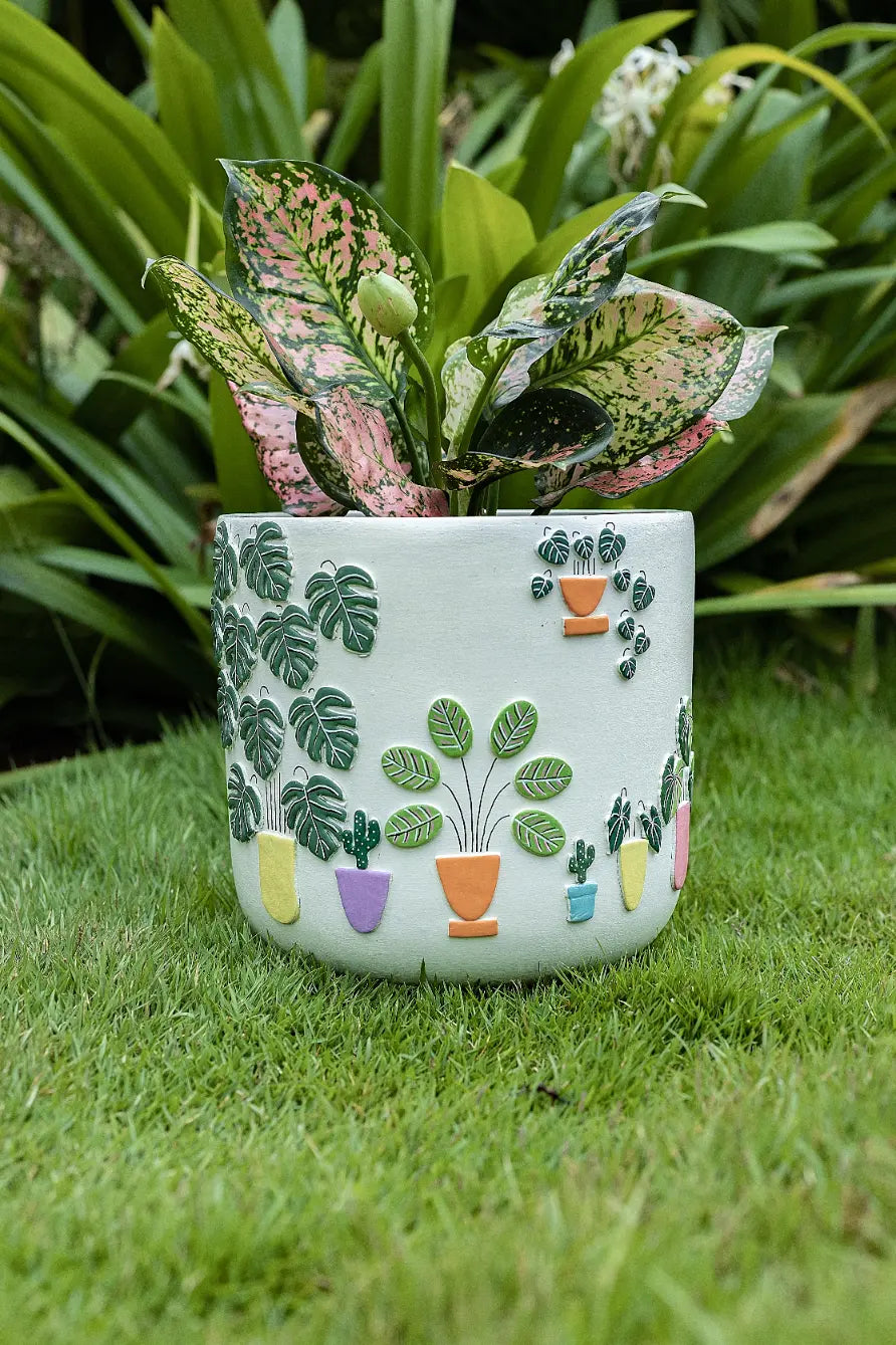 8-inch off-white 3D embossed planter perfect gift for plant lovers