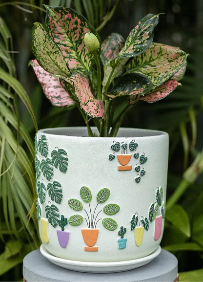 8-inch off-white 3D embossed planter with hand-painted floral art