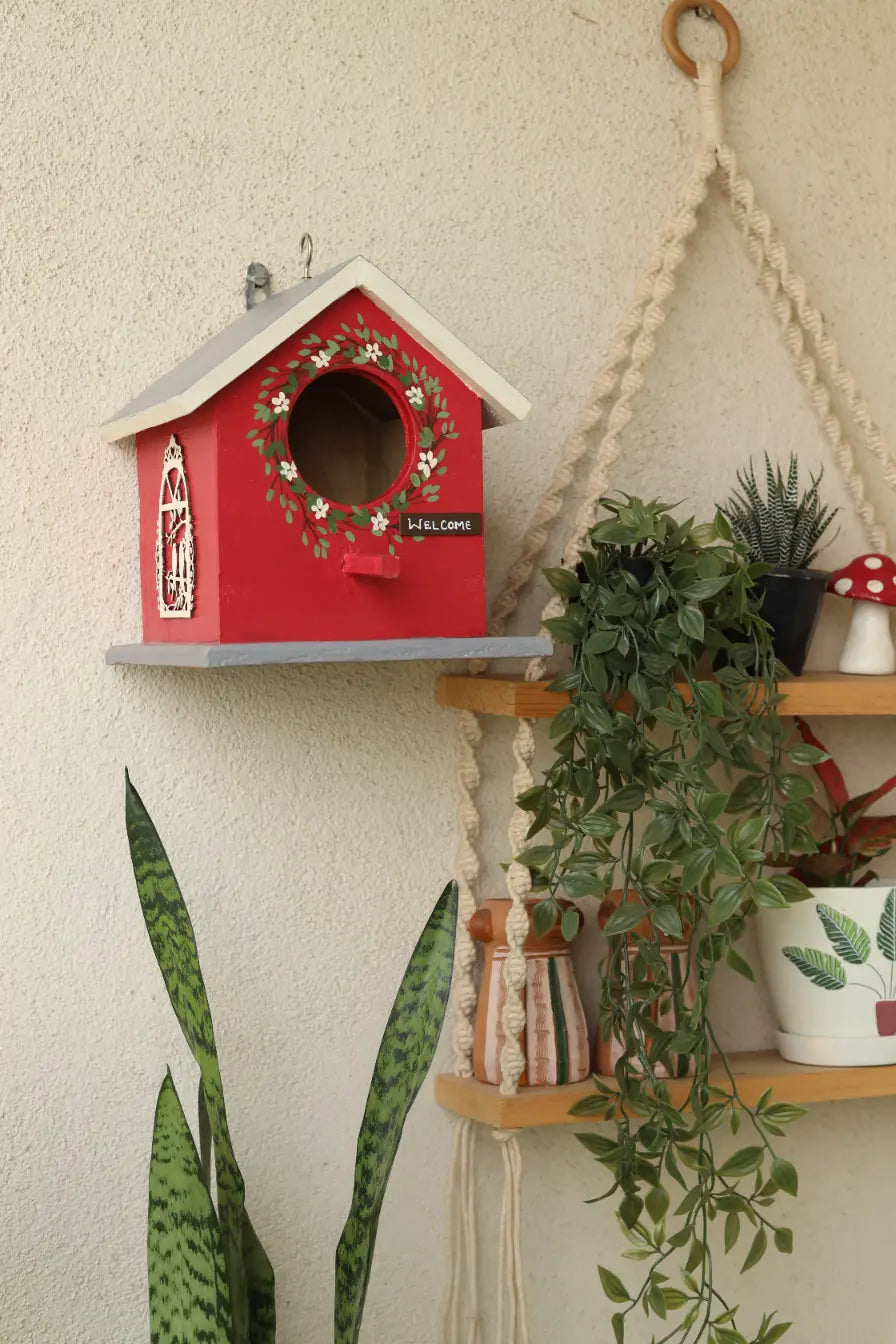 Red Birdie Birdhouse Bird House for Balcony Hanging Wooden Birdhouse