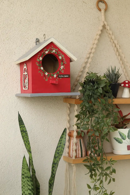 Red Birdie Birdhouse Bird House for Balcony Hanging Wooden Birdhouse