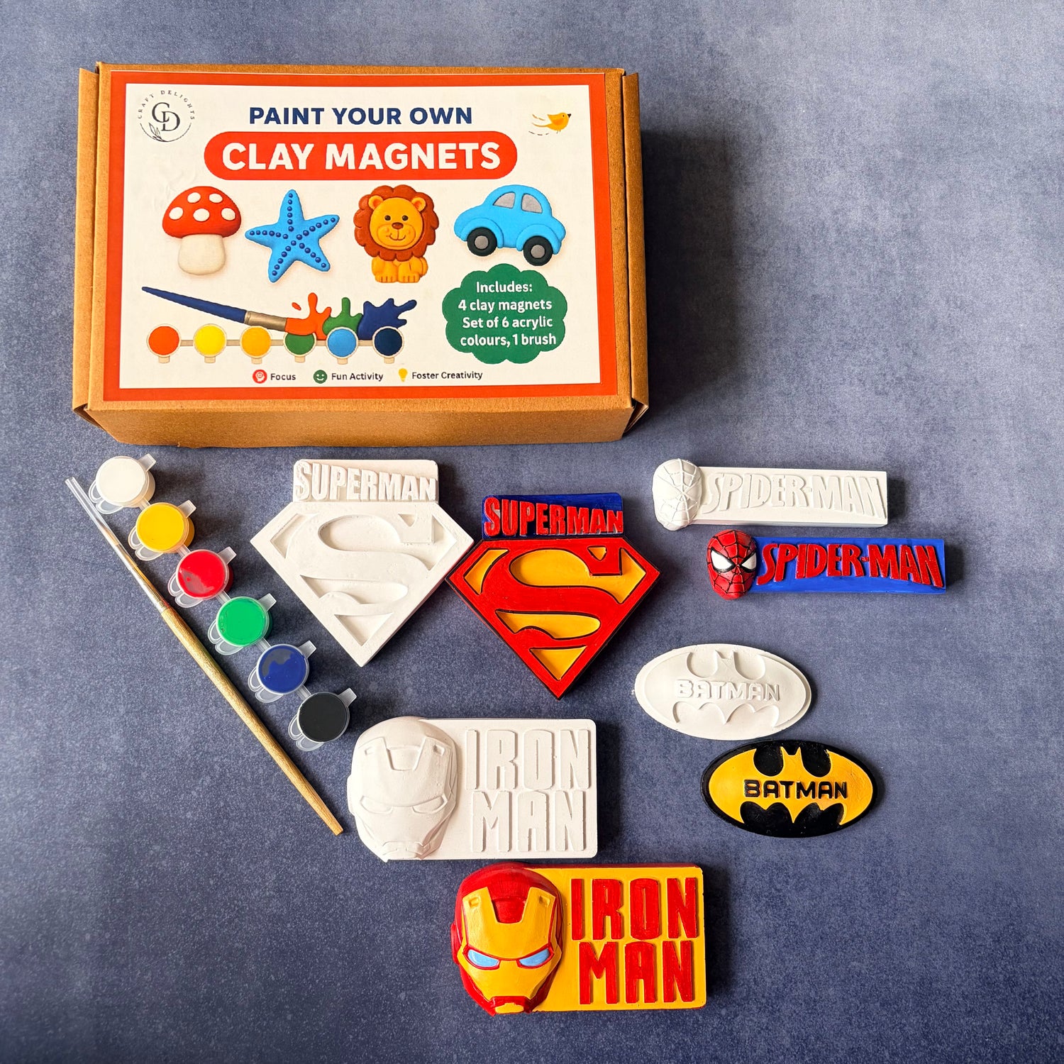 SuperHero Theme Paint Your Own Clay Magnets DIY Craft Kits Craft Delights India